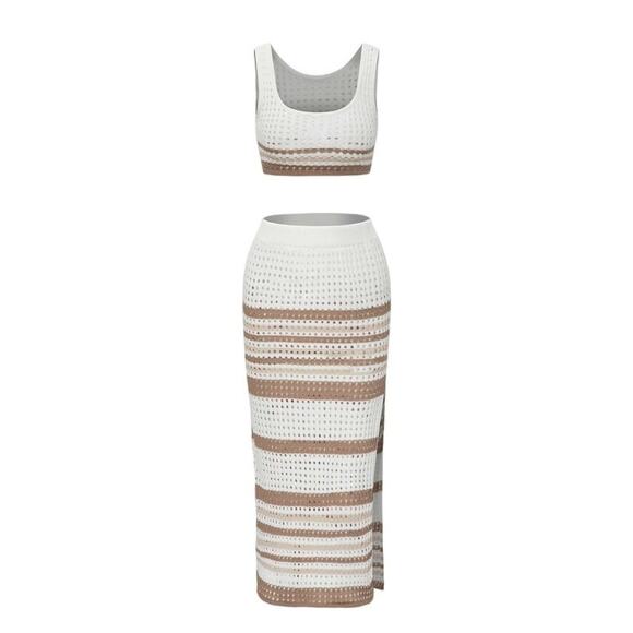 Micas Women's XL Stripe Openwork Knit Crop Tank Top Slit Midi Skirt Summer Set - Picture 1 of 7